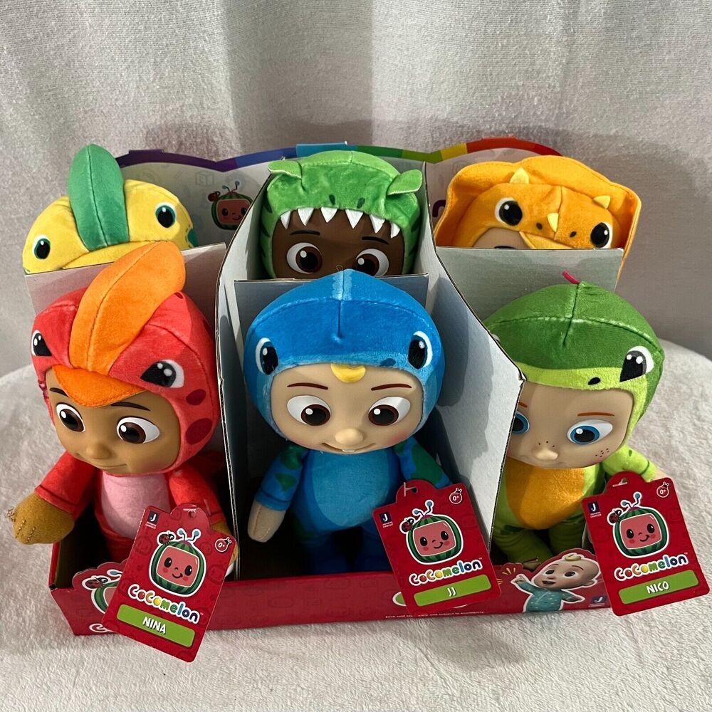 Set of 6 COCOMELON 8" DINO Little Plush Dolls Toys: JJ, Bella, Cody, Cece & Nina